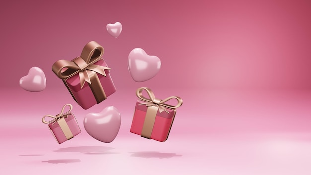 Foto confezione regalo con cuori, sfondo rosa, modellazione frullatore e rendering