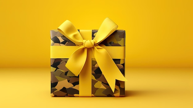 Gift box with khaki camuflage ribbon on the yellow background