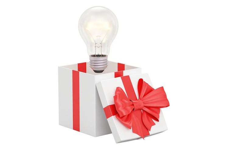 Photo gift box with lightbulb idea of gift concept 3d rendering