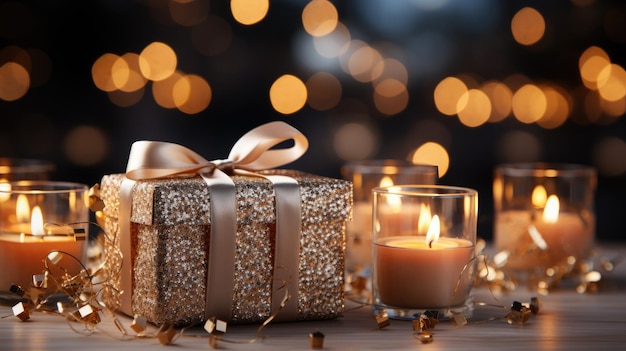 A gift box with a lit candle and a candle in the background.