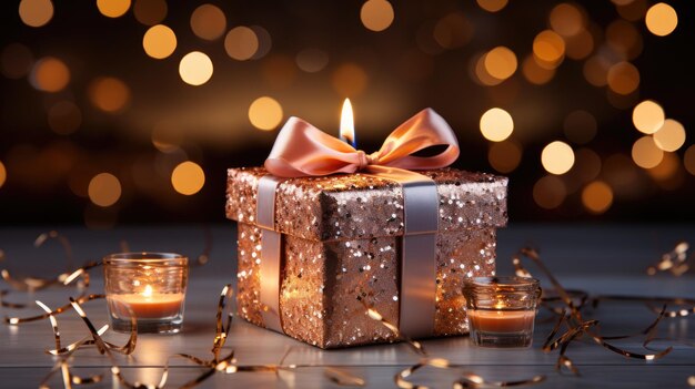 A gift box with a lit candle on it