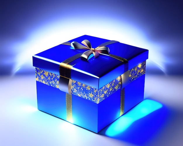 마법의 빛을 가진 마법의 빛나는 파란색 오픈 선물 상자가 있는 선물 상자