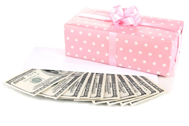 Gift box with money isolated on white