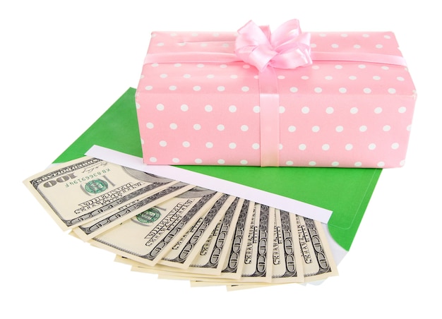 Photo gift box with money isolated on white