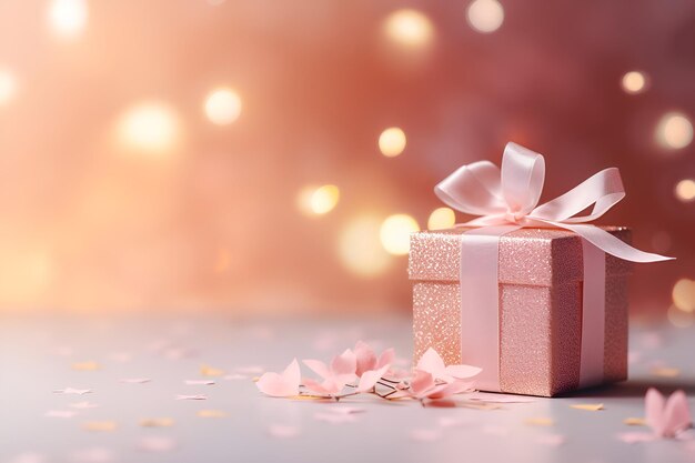 Gift box with petals and bokeh lights copy space