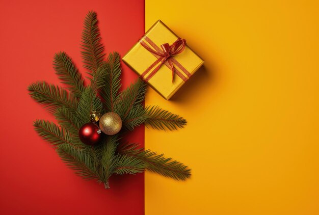 Gift box with pine branches on red background christmas decoration Generative AI