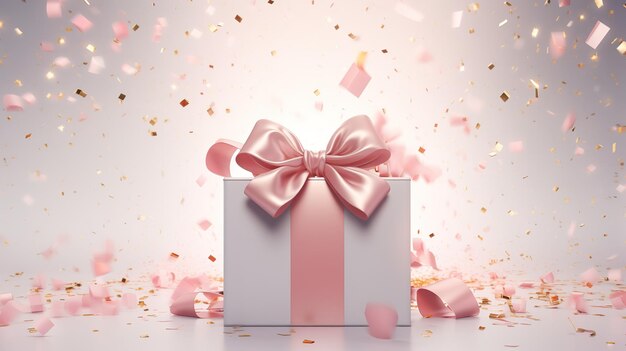 gift box with pink and blue kraft paper ribbon bow scattered falling candies and sparkles on pastel pink background