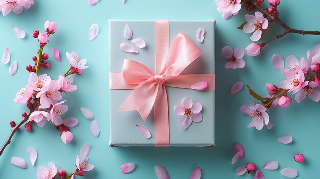 분홍색 활과 체리 꽃이 있는 선물 상자