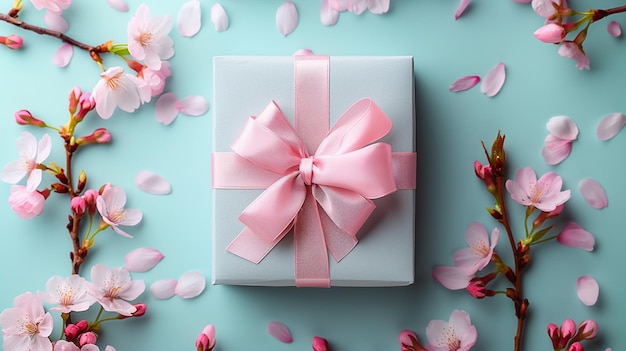 Gift box with a pink bow and a cherry blossom