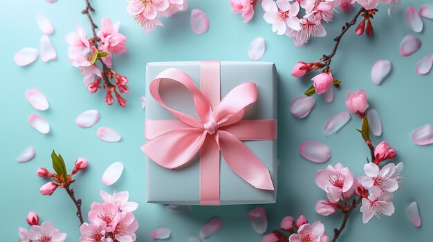 Gift box with a pink bow and a cherry blossom
