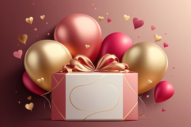 A gift box with a pink and gold ribbon and a heart shaped balloon on the top.