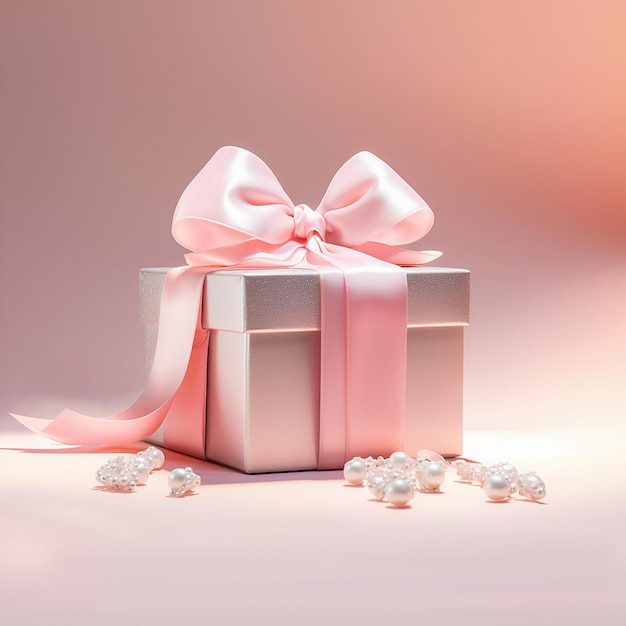 Подарочная коробка с розовой лентой на розовом фоне
