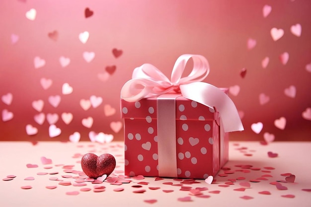 Gift box with pink ribbon and pink hearts