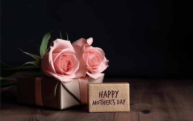 Gift box with pink roses and text Happy Mother's Day