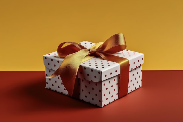 Gift box with red bow red and yellow background