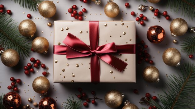 Gift box with red bow seen from above red and white decorative balls sparkles and Christmas confet