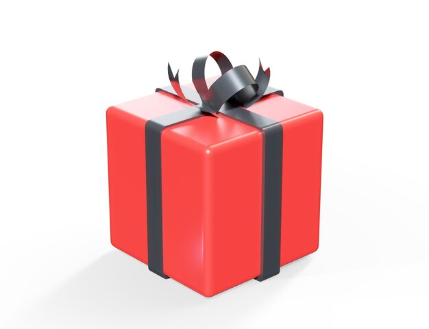 Gift box with red ribbon bow and blank tag isolated on white background 3d render