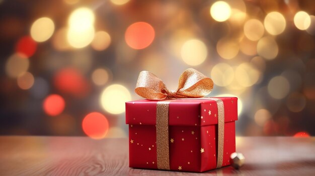 gift box with red ribbon bow blurred bokeh background holiday concept