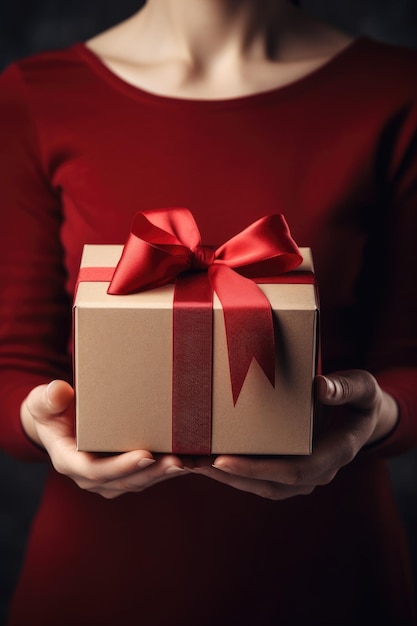 Gift box with red ribbon bow in female hands Generative AI