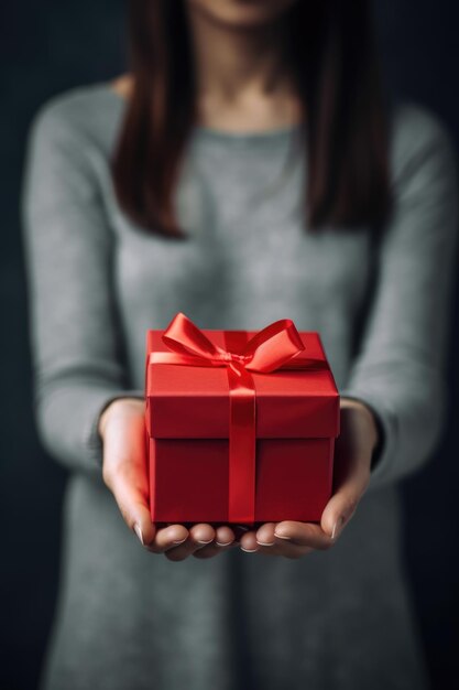 Gift box with red ribbon bow in female hands Generative AI