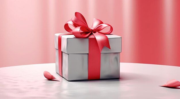 a gift box with a red ribbon and bow on it in the style of light and pink