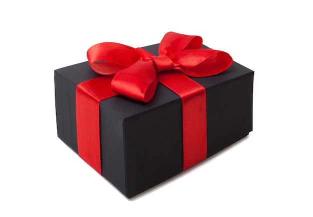 Gift box with red ribbon isolated on white