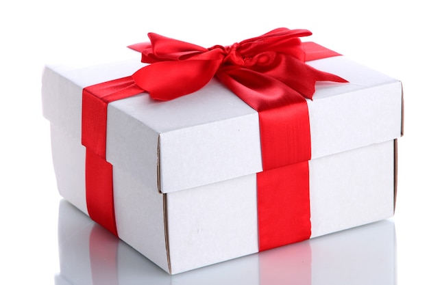 Gift box with red ribbon, isolated on white