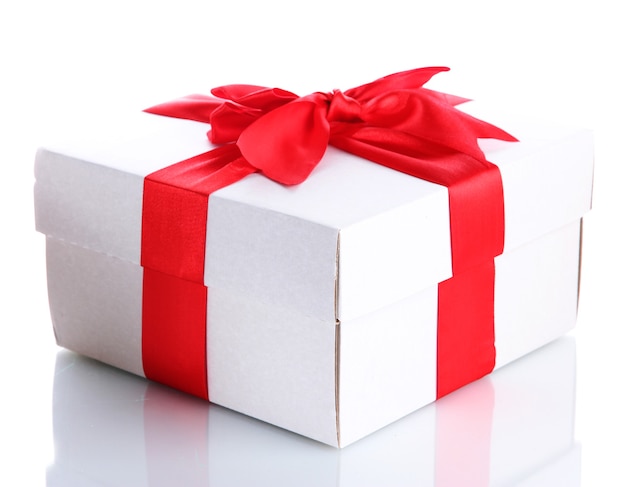 Gift box with red ribbon, isolated on white