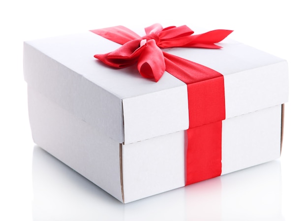 Gift box with red ribbon, isolated on white