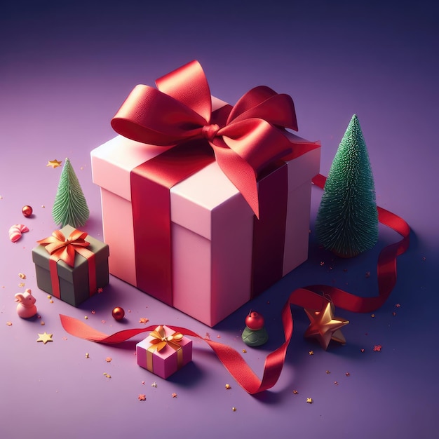 A gift box with a red ribbon on a purple background