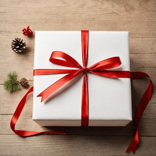 Gift box with red ribbon on wooden table against blurred festive lights Generative AI