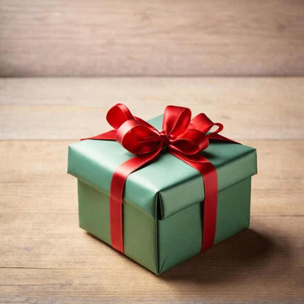 Gift box with red ribbon on wooden table against blurred festive lights Generative AI