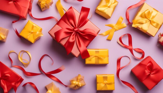 Gift box with red satin ribbon and bow on yellow background