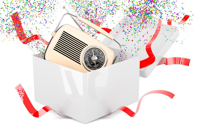 Gift box with retro radio 3D rendering isolated on white background