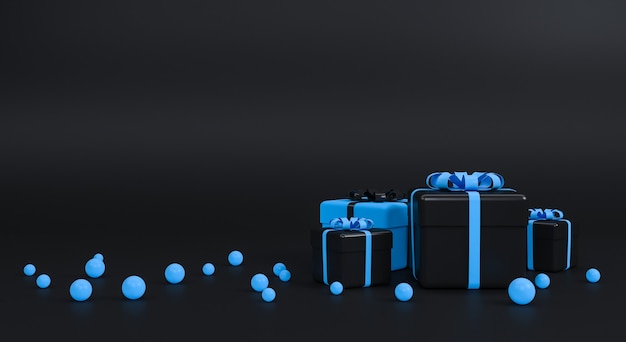 Gift box with ribbon on black background. Minimal concept. 3d rendering