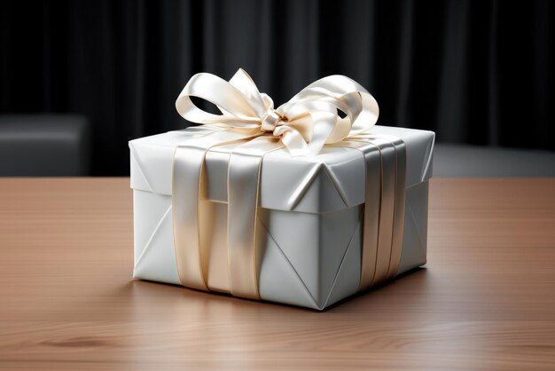 Gift box with ribbon and bow on wooden table