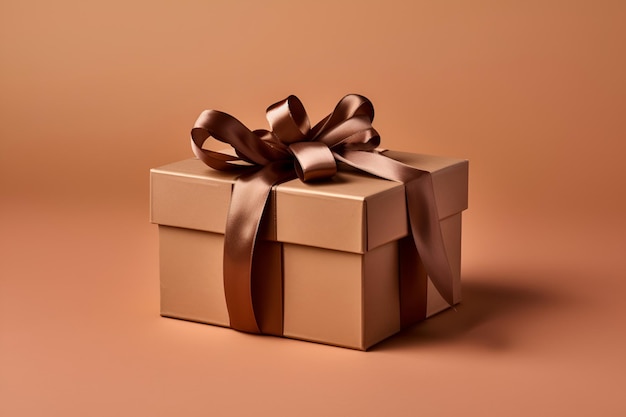 Подарочная коробка с лентой на коричневом фоне ai