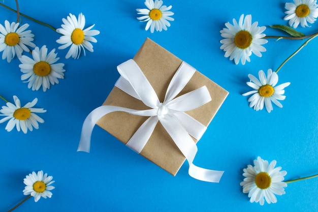 Gift box with ribbon and chamomile flowers