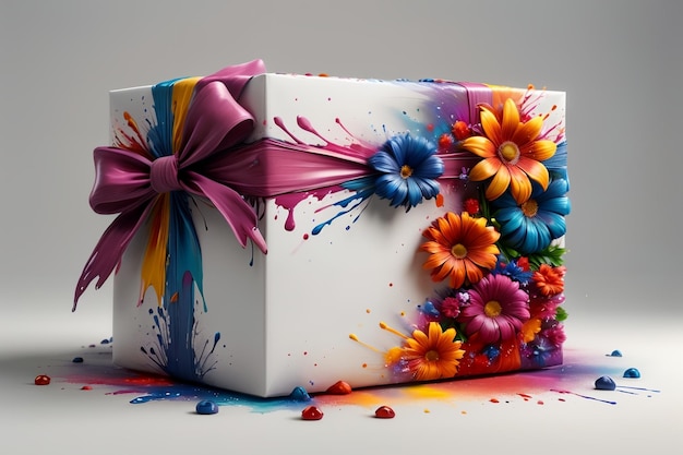 Фото Подарочная коробка с лентой, украшенная цветами
