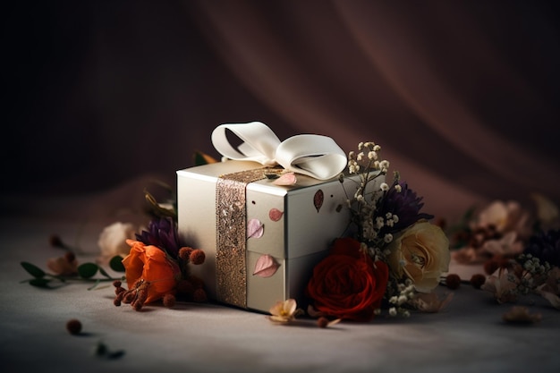 A gift box with a ribbon and flowers on it