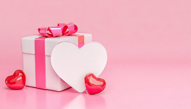 Gift box with ribbon and heart shape card mockup Valentines day holiday