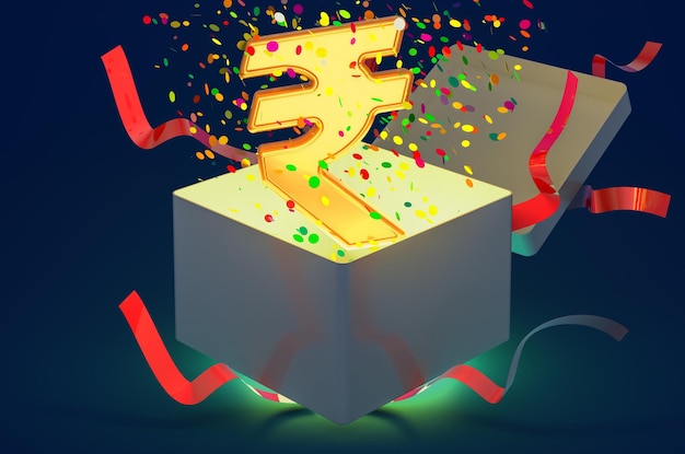 Gift box with rupee sign inside 3D rendering