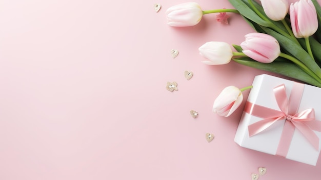gift box with a satin ribbon surrounded by pink tulips and delicate petal decorations on a pastel pink background