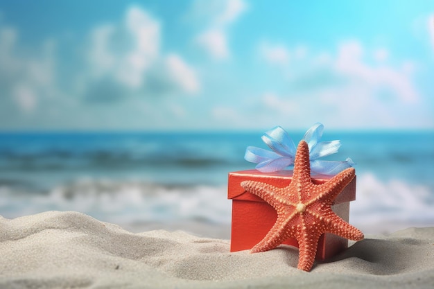 Gift box with starfish on the beach christmas holiday concept Generative AI