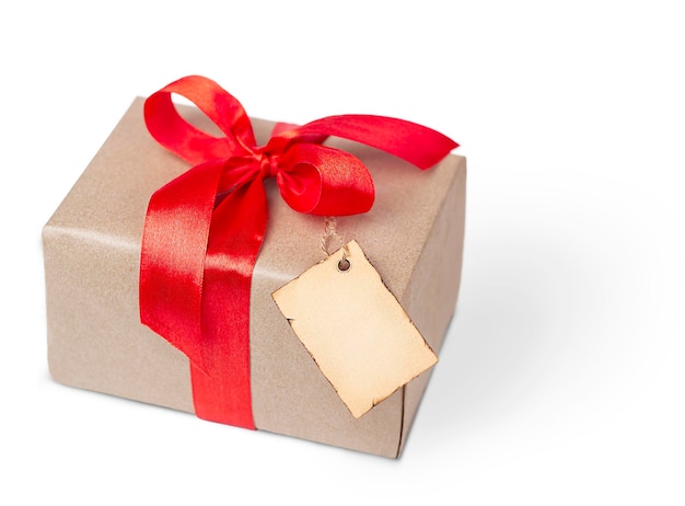 gift box with tag closeup isolated on white