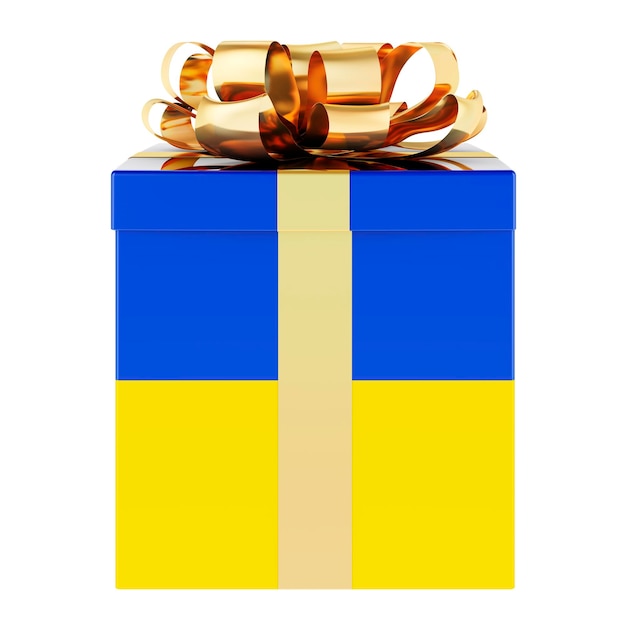 Gift box with Ukrainian flag Holiday in Ukraine concept 3D rendering