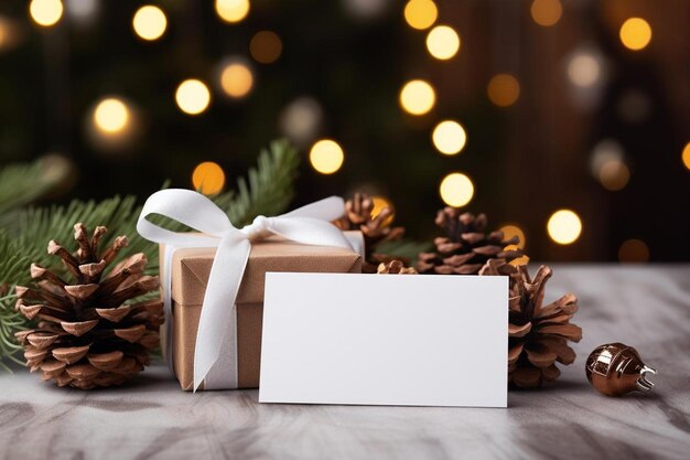 Photo a gift box with a white ribbon and a pine cone on a table