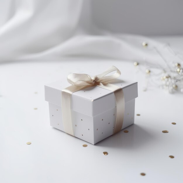 Photo gift box with white silk ribbon bow on a white background background for greeting card for birthday