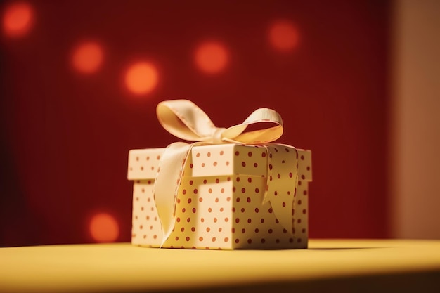 Gift box with yellow bow red background