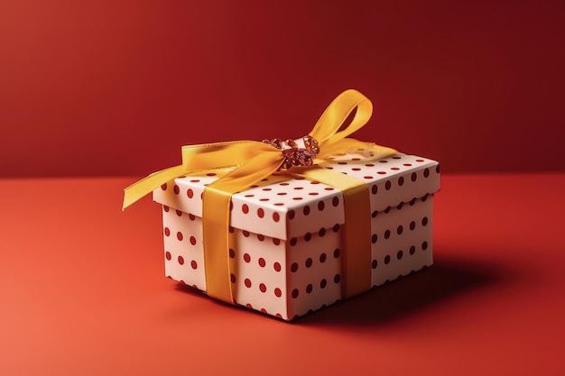 Подарочная коробка с желтым бантом на красном фоне